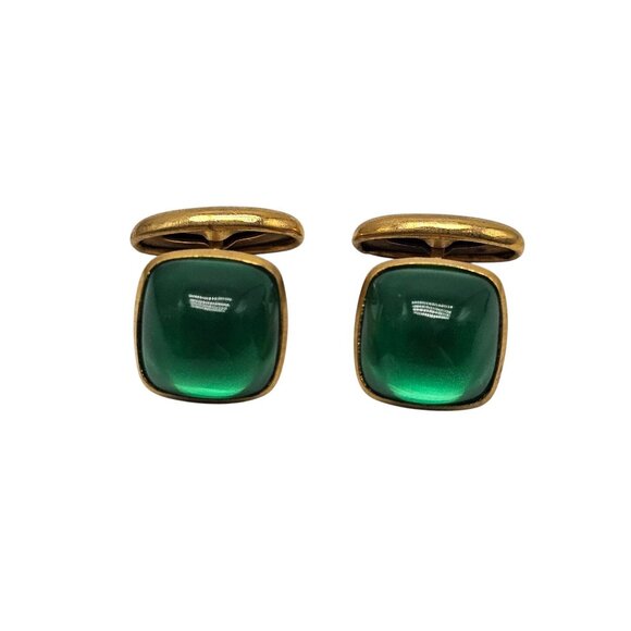 Vintage Green Glass Cabochon Mid Century Brass Cufflinks - Picture 1 of 4